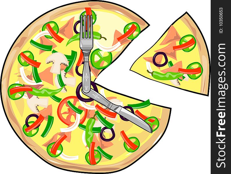 Vector illustration showing a pizza pie with knife and fork resembling a clock. Vector illustration showing a pizza pie with knife and fork resembling a clock