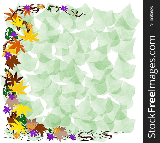 Colorful fall leaves and vines on green background illustration. Colorful fall leaves and vines on green background illustration