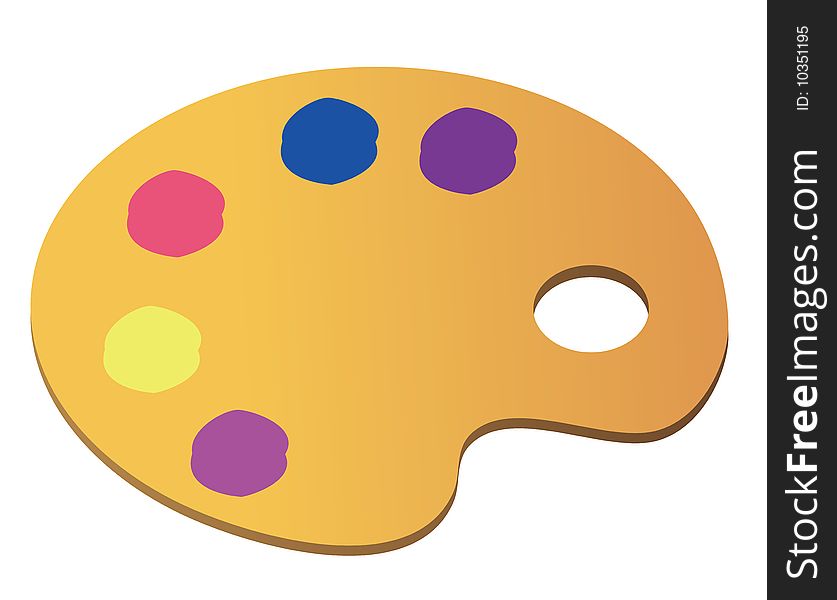 Wooden art palette with blobs of paint  on white background with clipping path