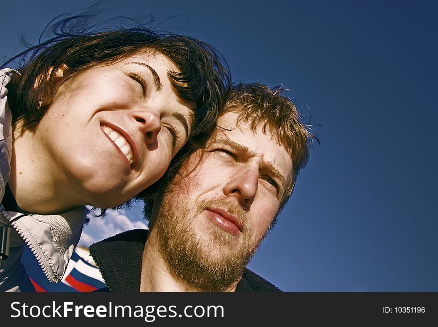 Blue sky on background, bearded man, looking in one direction. Blue sky on background, bearded man, looking in one direction