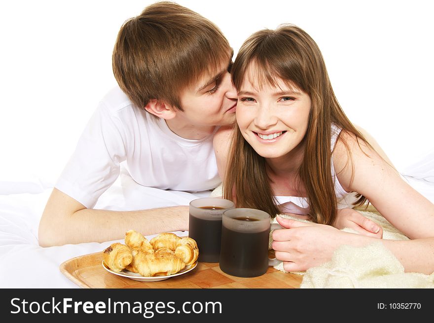 Romantic breakfast in a bed