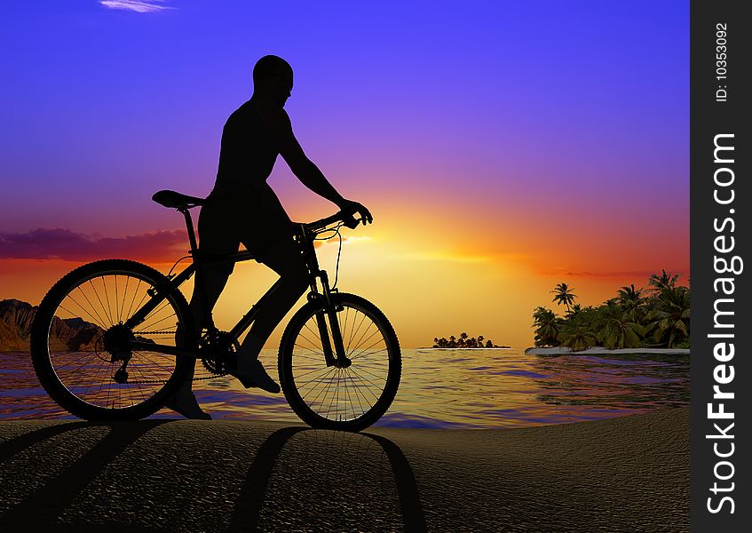 Silhouette of man on a bicycle  on a background landscape