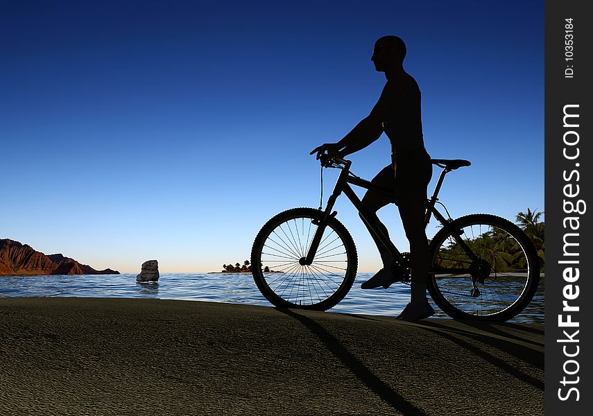 Silhouette of man on a bicycle on a background landscape