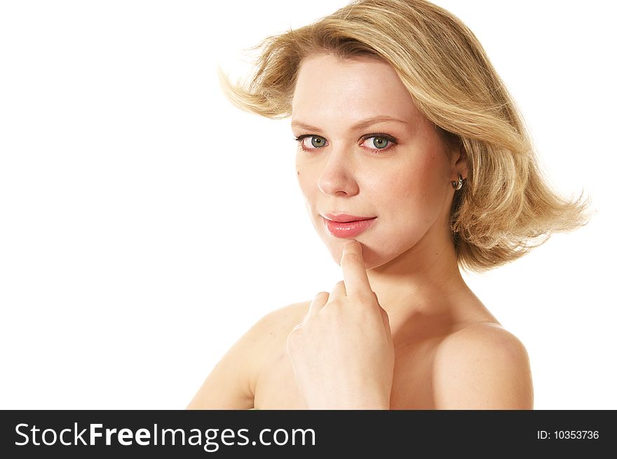 Blonde young woman thinking. White background. Blonde young woman thinking. White background