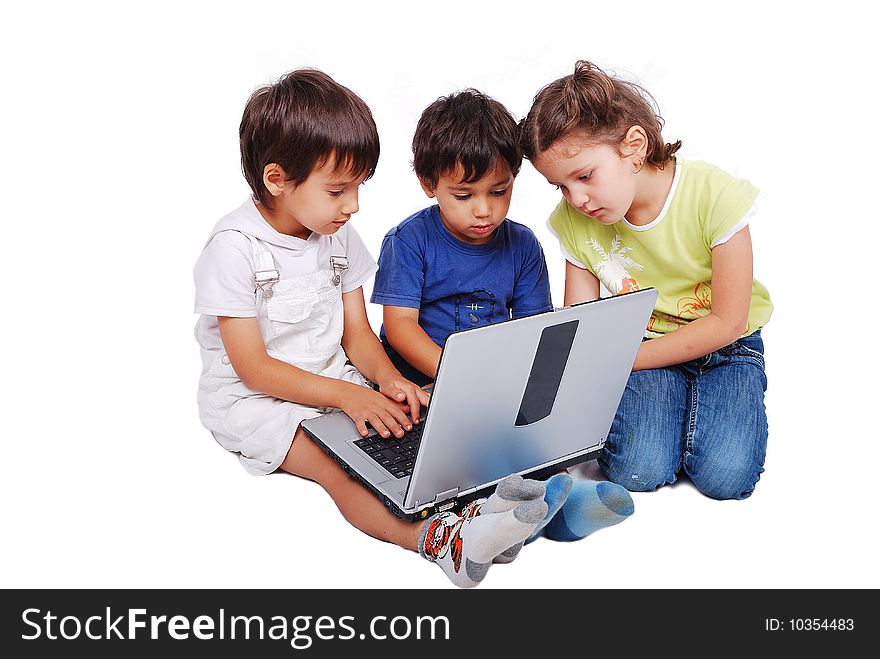 Chidren activities on laptop isolated in white