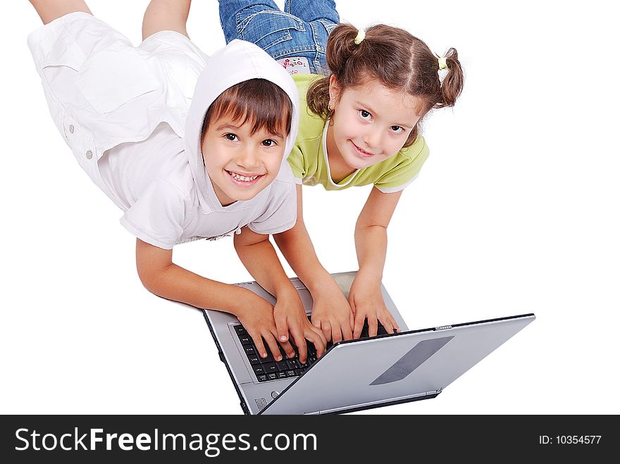 Chidren activities on laptop isolated in white