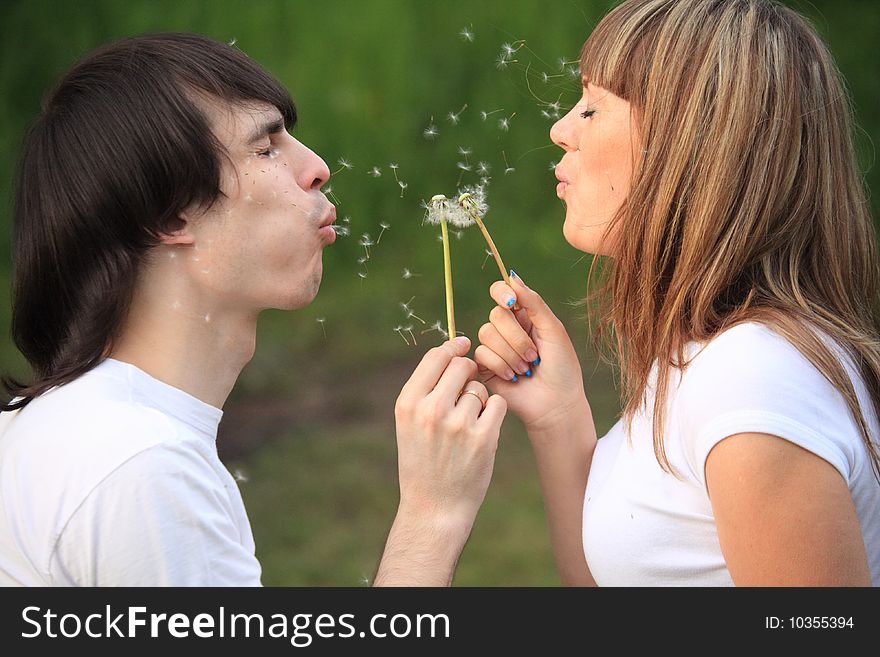 Young pair blows on dandelions in hands
