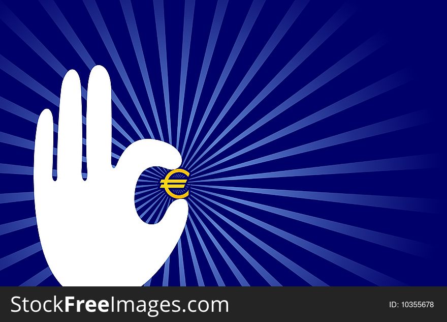 Blue background with hand and gold euro. Blue background with hand and gold euro