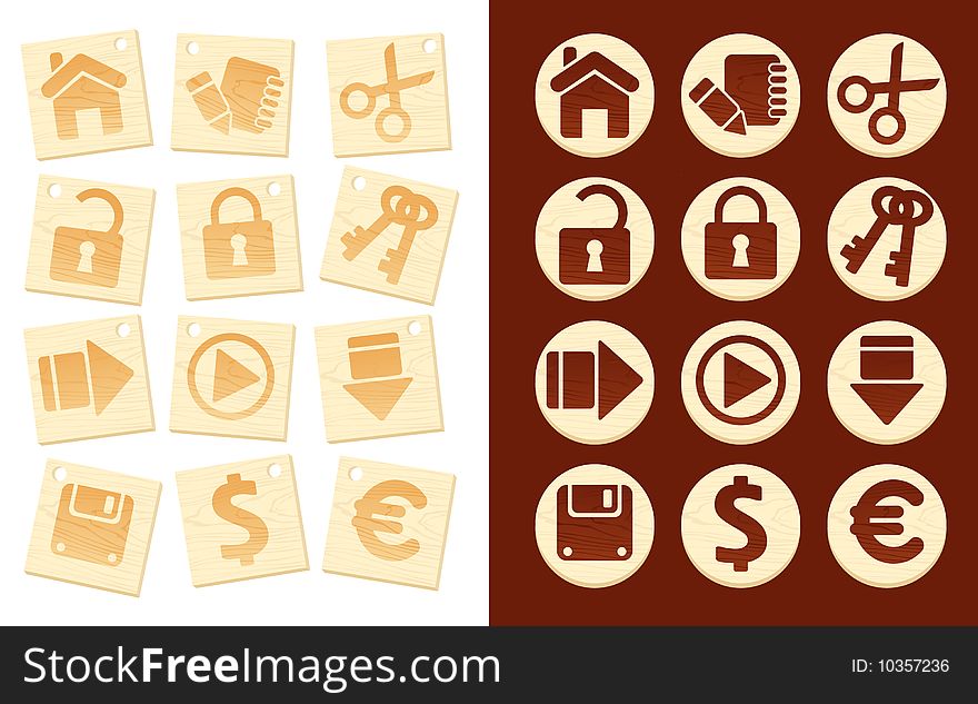 Icons on wooden background, vector illustration, AI file included