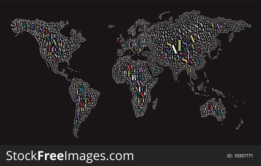 A world map made by letters. A world map made by letters.