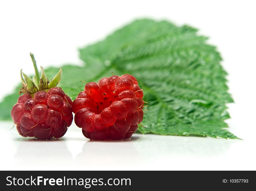 Two raspberries and sheet on a white background