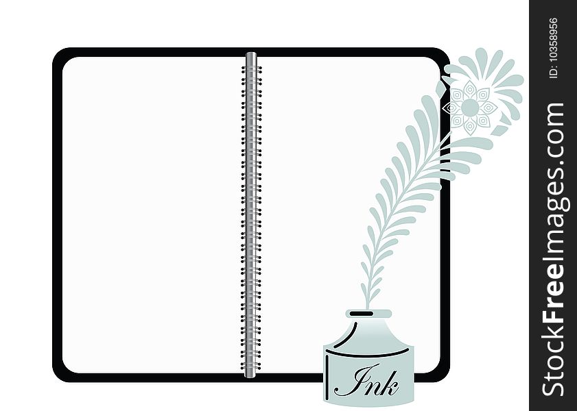 Notebook with retro inkwell and feather pen copyspace for input