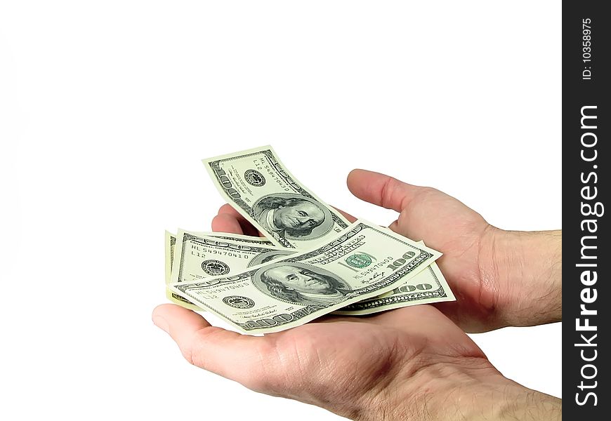 Hands holding dollars on the isolated white background. Hands holding dollars on the isolated white background