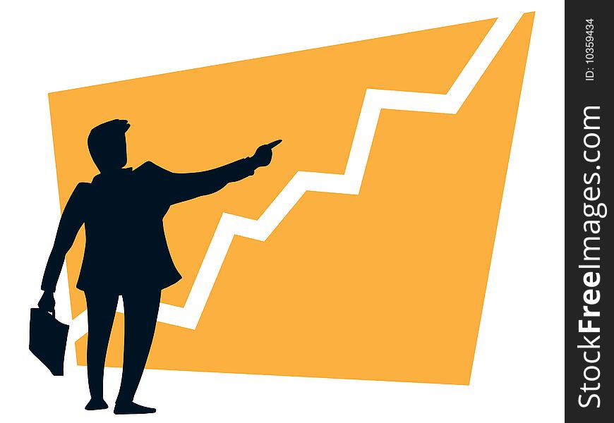 Successful businessman pointing a growing graph on a orange background