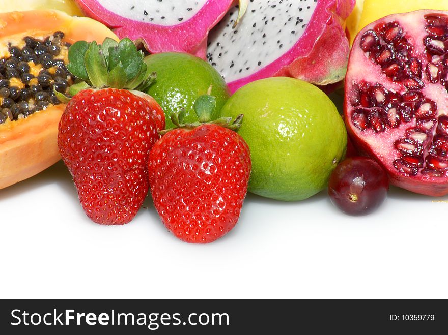 A bold group of fresh juicy fruits with room for copy.