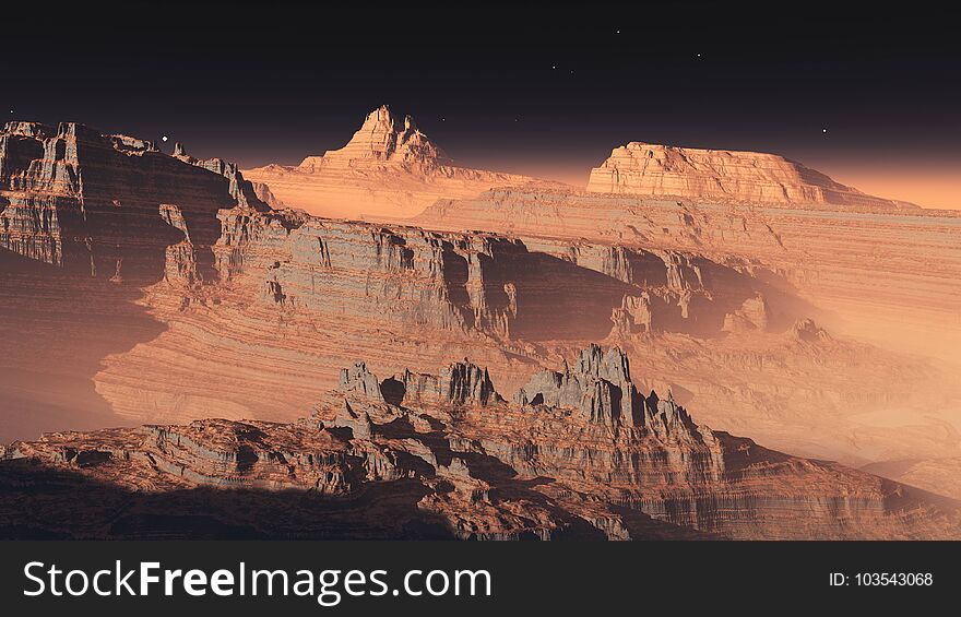 A panorama of the planet Mars, an alien landscape, a stony desert, 3D rendering
