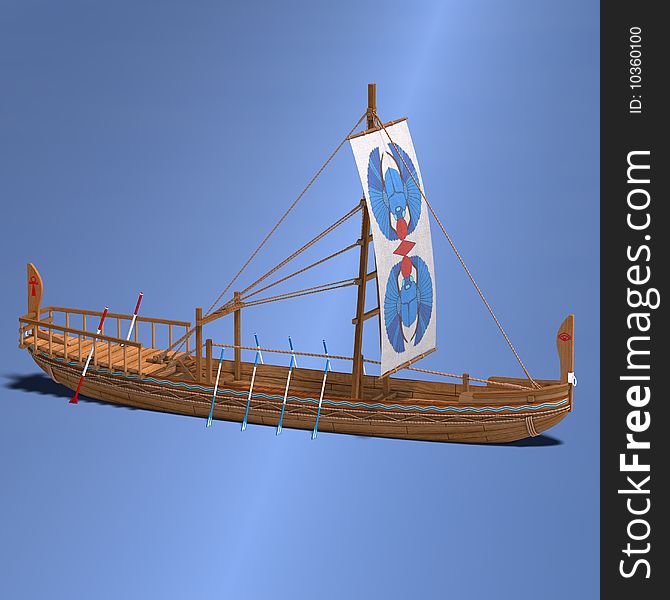 Egyptian Boat. 3D render with clipping path and shadow over white