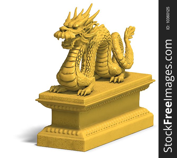 A golden dragon with a ball. 3D Render with clipping path and shadow over white. A golden dragon with a ball. 3D Render with clipping path and shadow over white