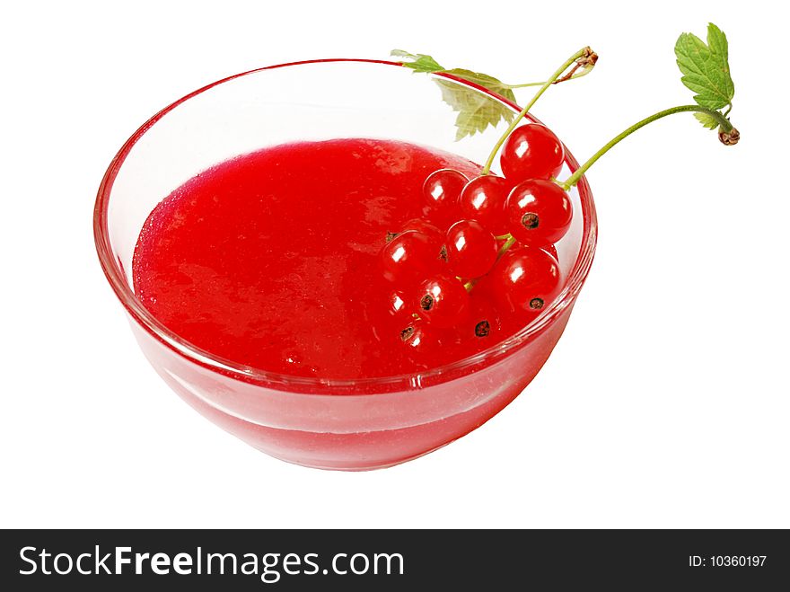 Red currant jam in transparent bowl isolated over white