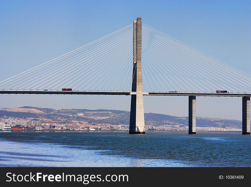 Vasco da Gama bridge in Lisbon over Tagus river.