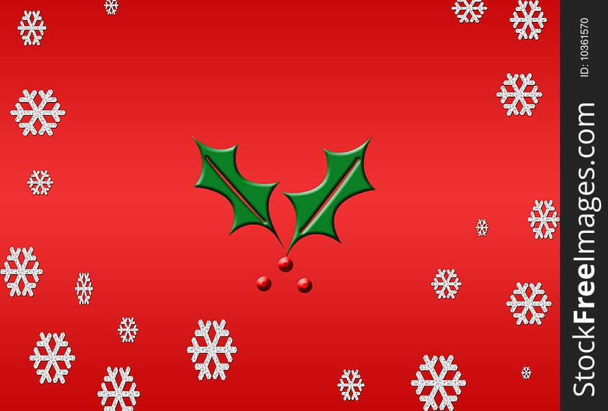 Red background with snowflakes and holly leaves and barries. Red background with snowflakes and holly leaves and barries