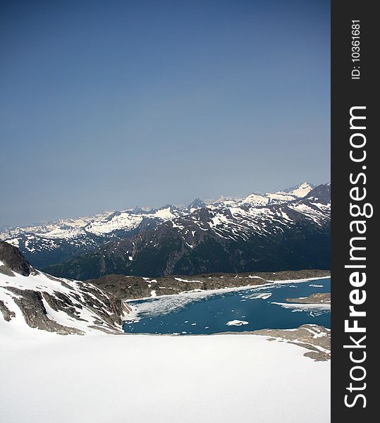 In the summer, as snow melts, a small lake forms in the Denver Glacier, Alaska. In the summer, as snow melts, a small lake forms in the Denver Glacier, Alaska