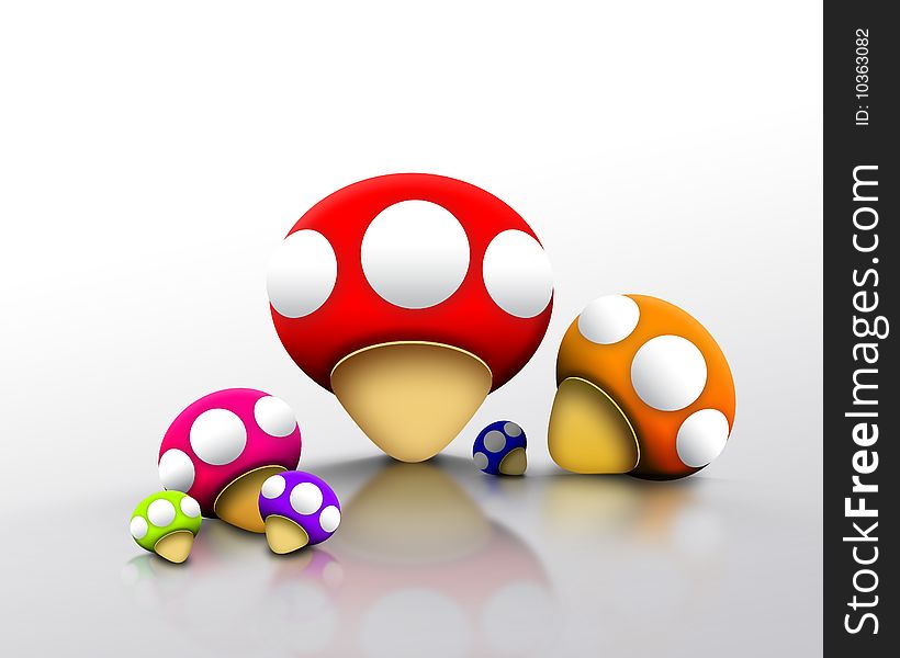 Beautiful 3d Colorful mushrooms whit reflection. Beautiful 3d Colorful mushrooms whit reflection