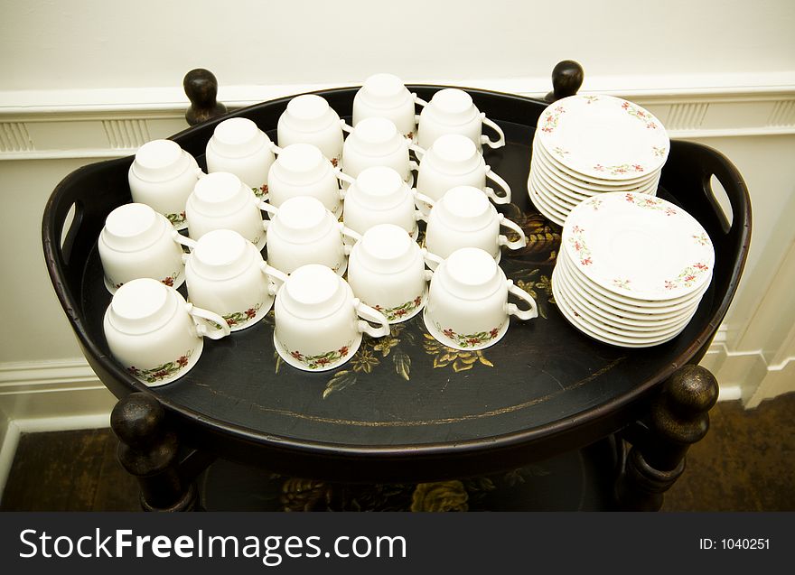 Tray with cups and saucers