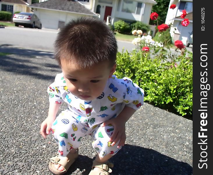 A boy is looking at an earthworm crawling on the ground