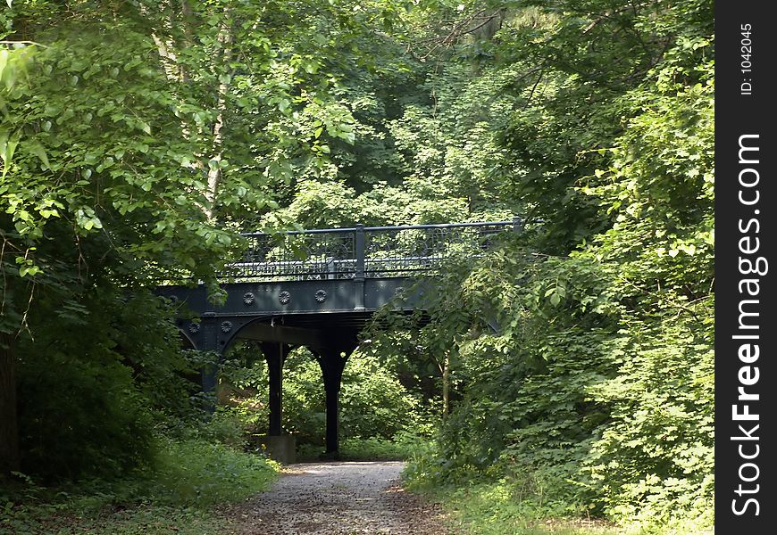 A very old steel bridge seemingly nestled in the trees. A very old steel bridge seemingly nestled in the trees.