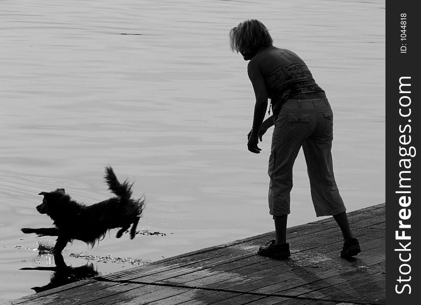 Dog jumping into the water to catch a stick thrown by a lady. Dog jumping into the water to catch a stick thrown by a lady