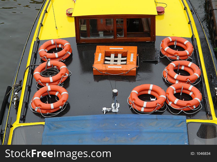 Lifebelts on boat in Hamburg harbor, Germany