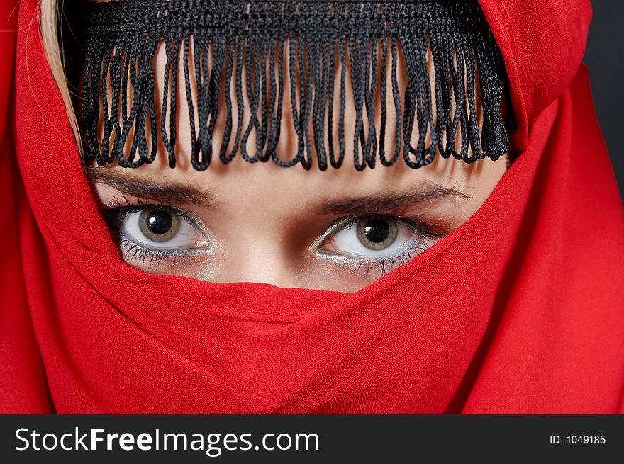 Sexy blonde with red scarf, close-up