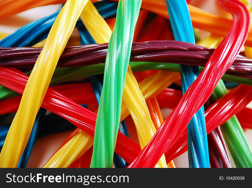 Strands of colorful licorice candy ribbons. Strands of colorful licorice candy ribbons