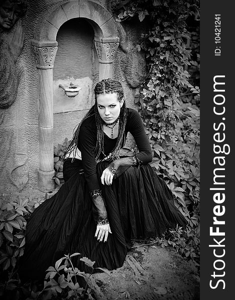 Gothic girl at cemetery, black and white variant