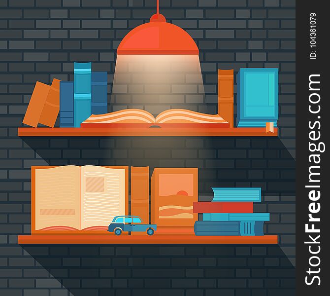 Vector illustration of bookshelf on brick wall. Template banner reading books and education. Collection of elements for design. Background for web pages, invitation cards, covers, posters. Vector illustration of bookshelf on brick wall. Template banner reading books and education. Collection of elements for design. Background for web pages, invitation cards, covers, posters.