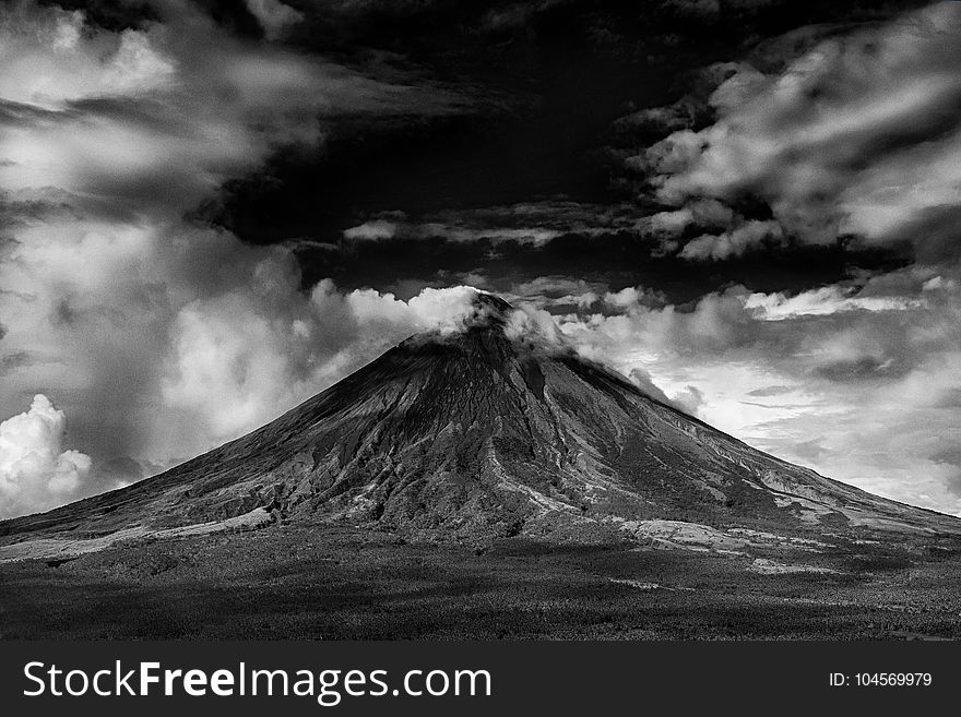 Gray Scale Photo of Active Volcano