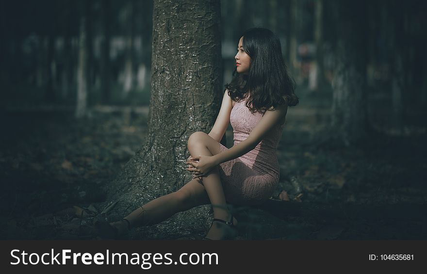 Selective Focus Photography Of Woman Wearing Pink Dress Sitting On Tree Roots