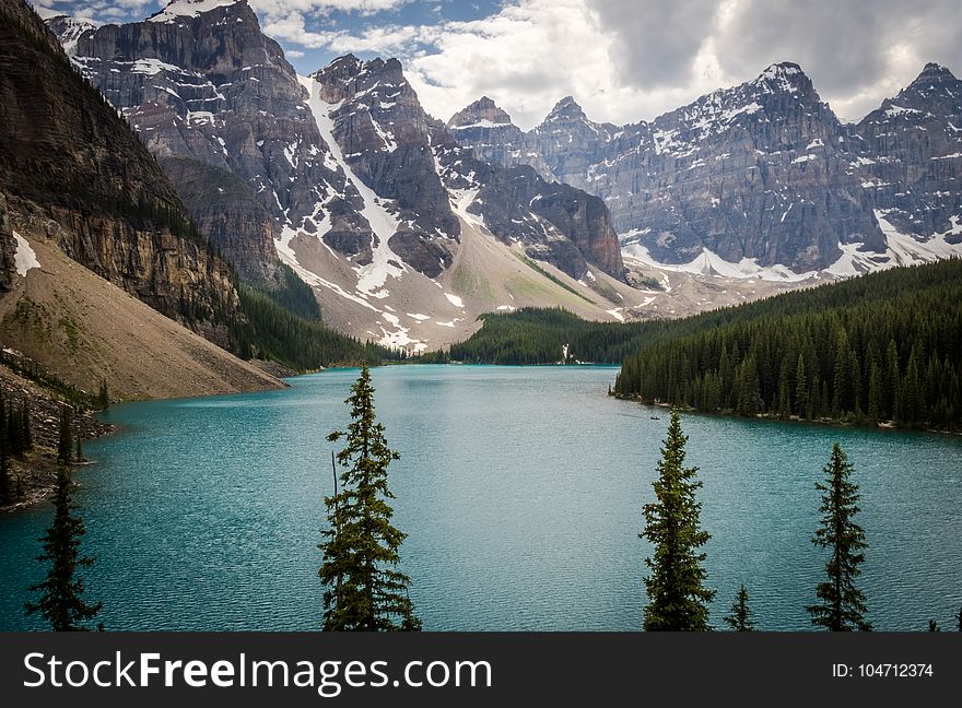 Body Of Water Between Trees And Mountain At Daytime