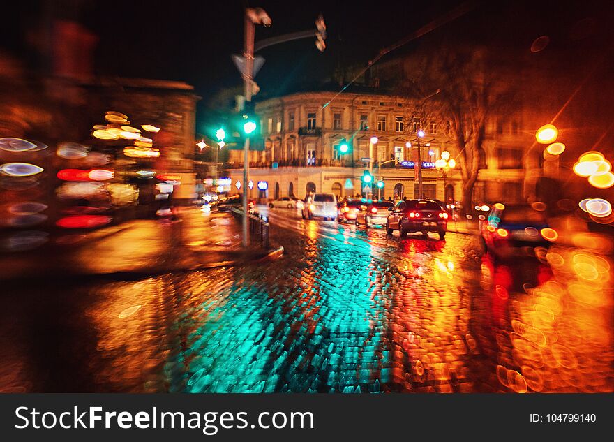 Evening Street With Benches And Lanterns.