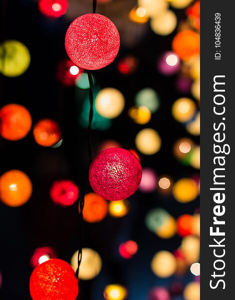 Colored Christmas Garland Lights On Black Background. Merry Christmas And Happy New Year