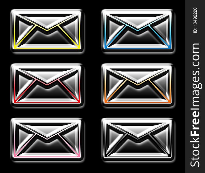 Illustration of six colorful mail icons isolated on black background. Illustration of six colorful mail icons isolated on black background.