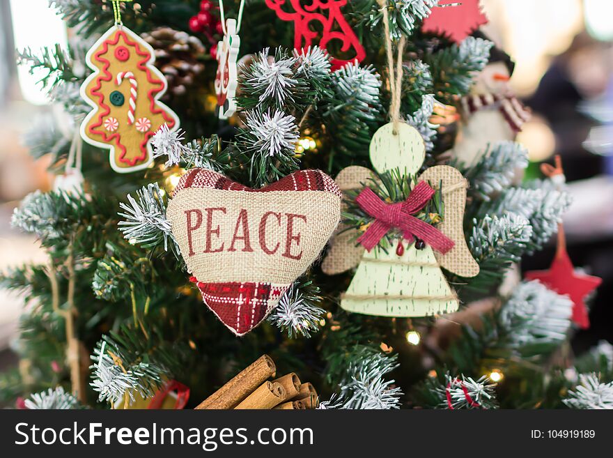 Merry Christmas and Happy New Year. Christmas tree. Heart with inscription peace. Merry Christmas and Happy New Year. Christmas tree. Heart with inscription peace