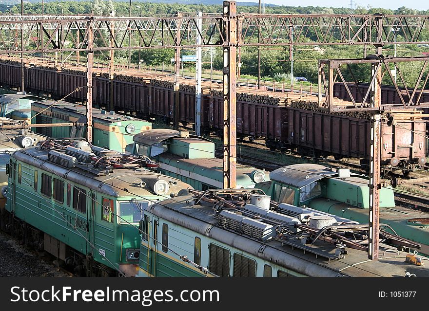 View at locomotives and railway trucks. View at locomotives and railway trucks