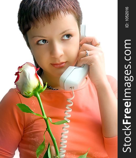 Girl with rose speak phone. Girl with rose speak phone