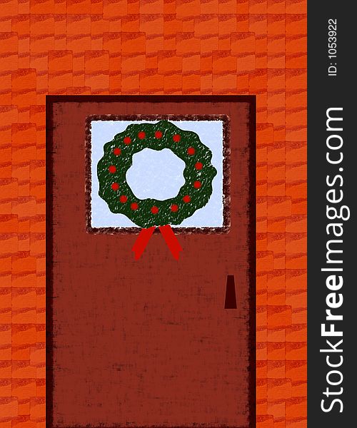 An illustration of a Christmas wreath hanging on a door