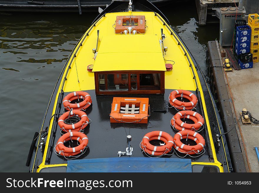 Life belts on a boat in Hamburg harbor, Germany