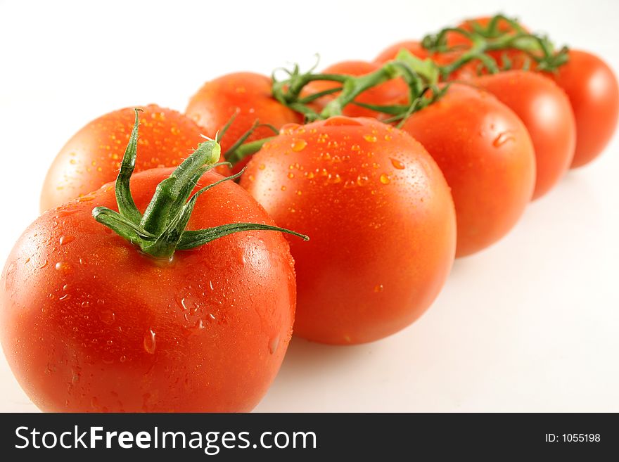 Perspective view of a line of vine tomatoes with shallow depth of field. Perspective view of a line of vine tomatoes with shallow depth of field