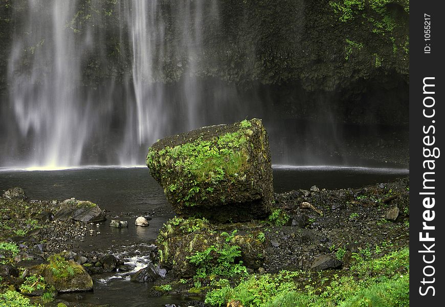 The bottom of Latourell Falls in the Columbia River Gorge after plunging 249 feet over a basalt cliff before flowing into the Columbia River near Portland, Oregon USA