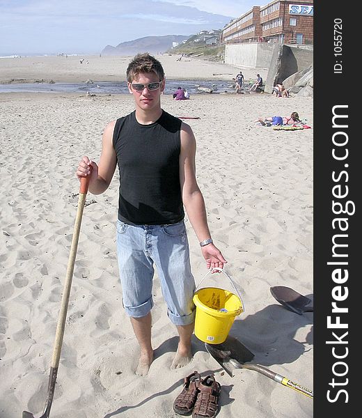 Jonny on the beach in Lincoln City, Oregon getting ready to play in the sand. Jonny on the beach in Lincoln City, Oregon getting ready to play in the sand